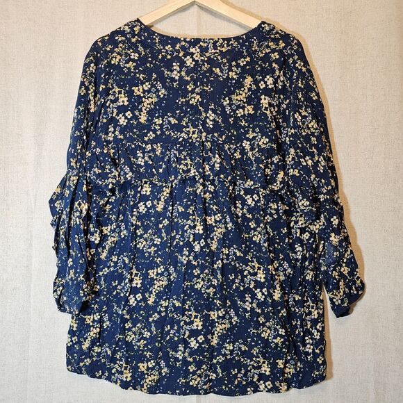 LC Lauren Conrad Blue W/ Yellow Floral High Low Ruffle Boho Tunic Large - Picture 8 of 10